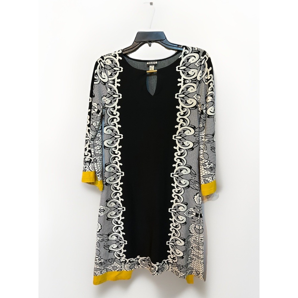 Hanni Dress Size Small Long Sleeve Paisley Floral Black White Yellow Stretch
